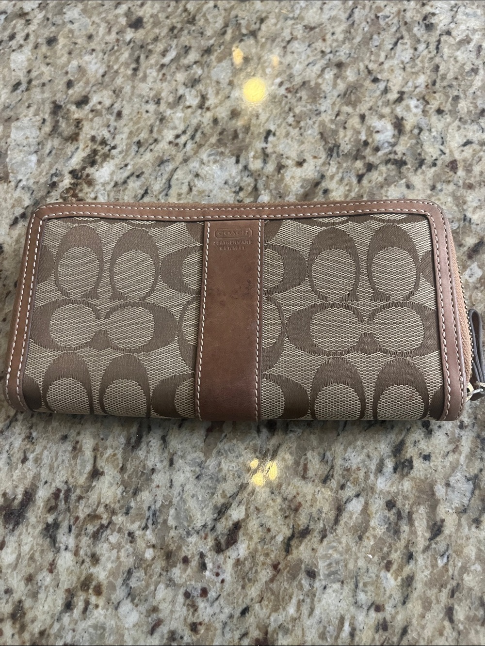 Coach Signature Canvas Zip Wallet in Tan and Brown